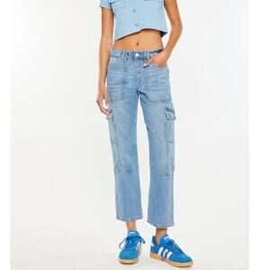 KanCan Blue Light Denim Crop Aaliyah High Rise Slim Straight Cargo Jeans Sz 7/27